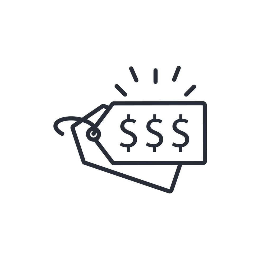 A line-art icon of a price tag stamped with three dollar signs and small burst lines signaling a high cost.