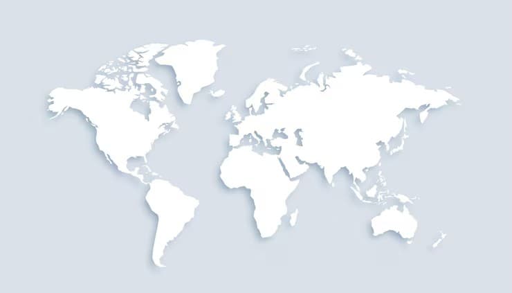 A flat white illustration of continents making up a world map on a pale blue background.