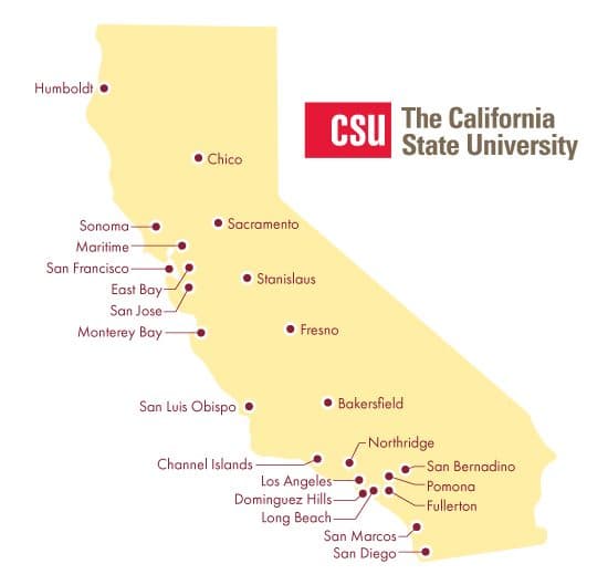 A map of California marking the locations of all CSU (California State University) campuses, from Humboldt in the north to San Diego in the south.