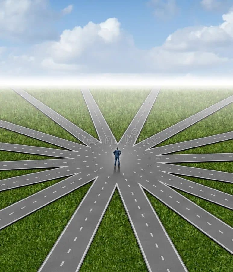 Illustration of a person standing at the point where dozens of roads radiate outward in every direction, symbolizing an overwhelming number of possible paths.