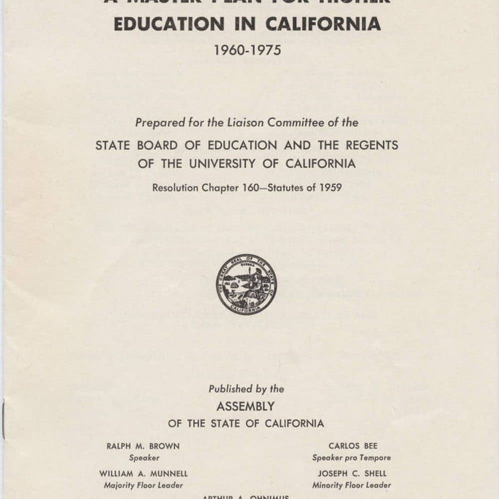Scanned cover page of the original 1960 report "A Master Plan for Higher Education in California, 1960–1975," published by the California State Assembly.