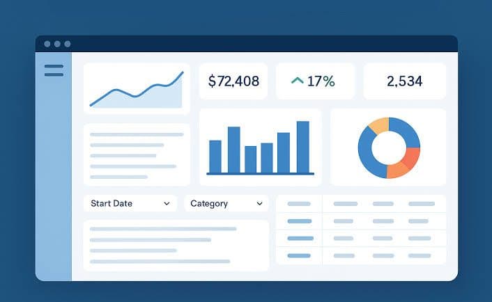 Illustration of an analytics dashboard on a browser window showing a trend line, key metrics, a bar chart, and a donut chart.