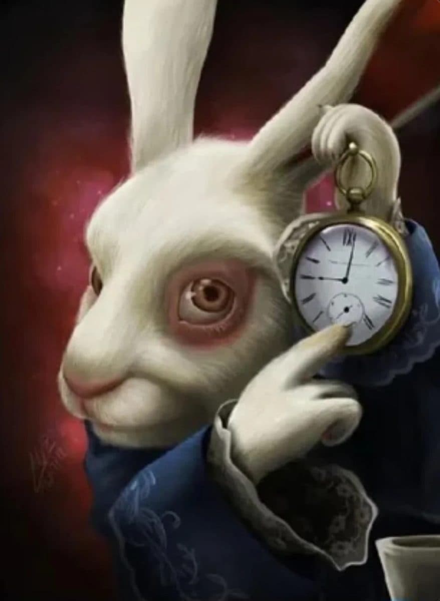 Digital painting of the White Rabbit from Alice in Wonderland wearing a blue coat and holding a gold pocket watch, representing the importance of time management during the ACT.