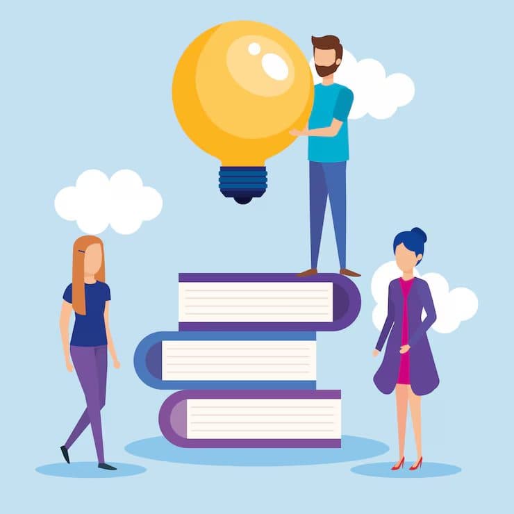 Illustration of three people surrounded by stacked books and a glowing light bulb, symbolizing knowledge, ideas, and collaborative learning.
