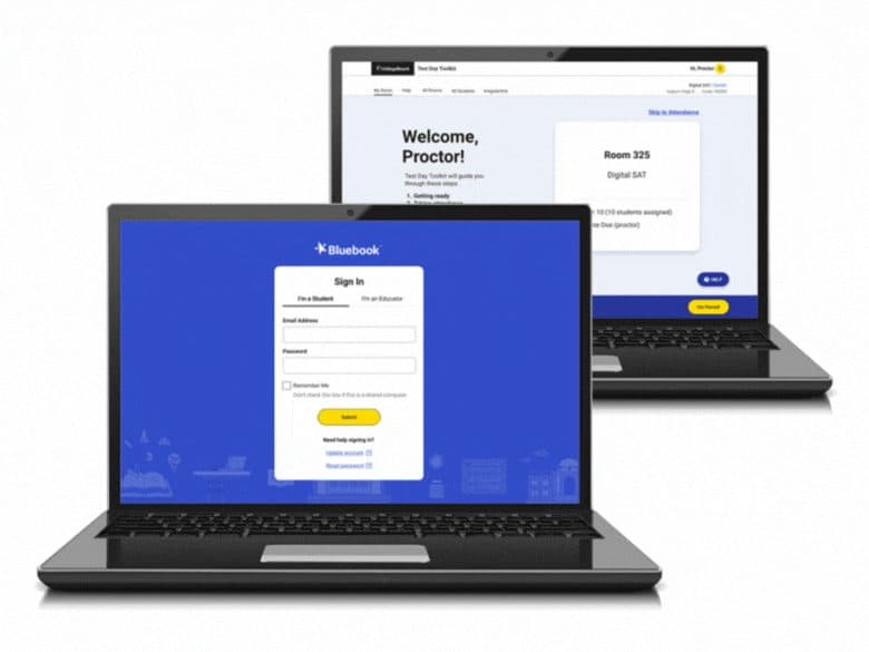 Two laptops displaying the Bluebook sign-in screen and a proctor's Test Day Toolkit dashboard for the Digital SAT.