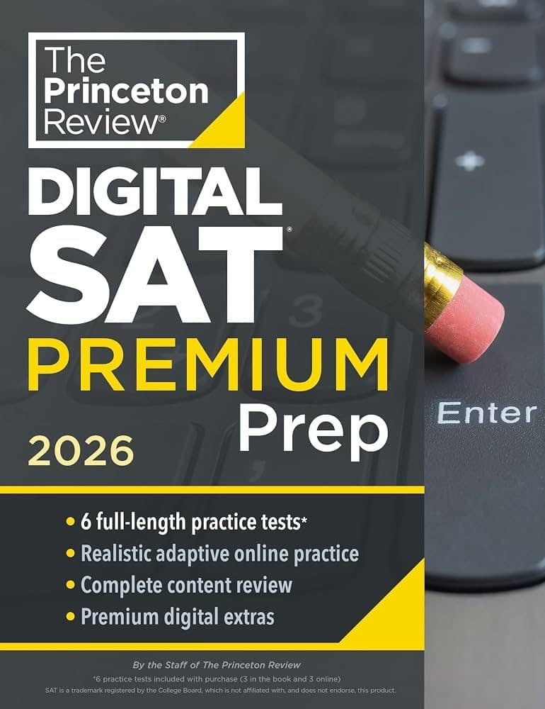 Cover of ‘The Princeton Review Digital SAT Premium Prep 2026’ study book resting against a laptop keyboard with a pencil tucked beside it.