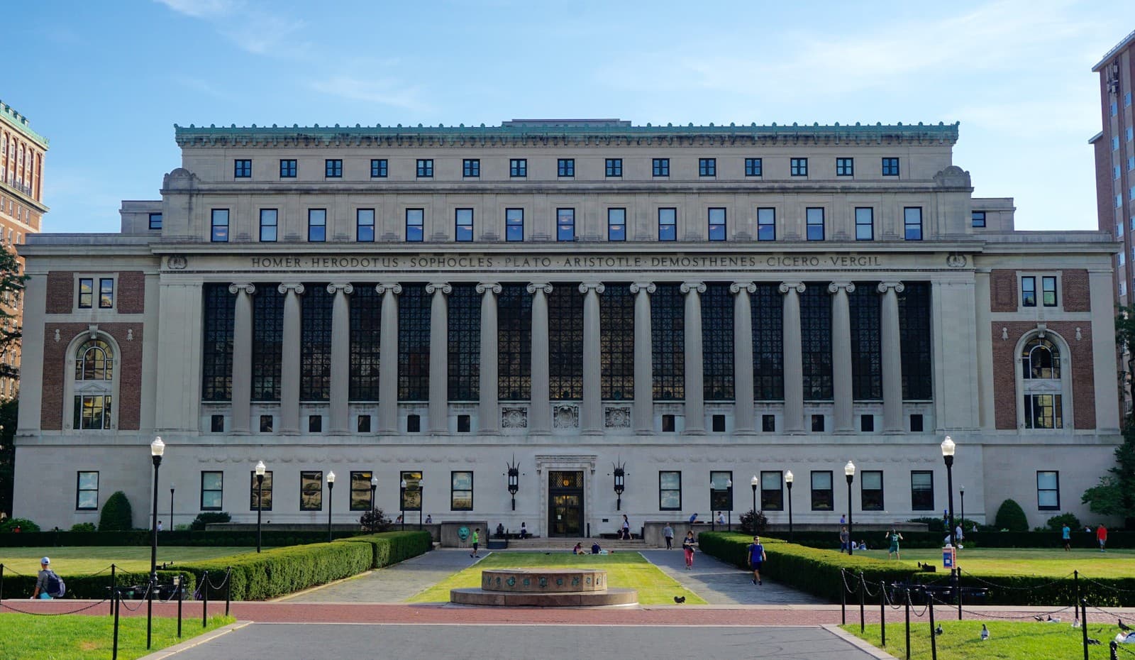 Columbia University’s Butler Library, with the names Homer, Herodotus, Sophocles, Plato, Aristotle, Demosthenes, Cicero, and Vergil carved above its columned facade.