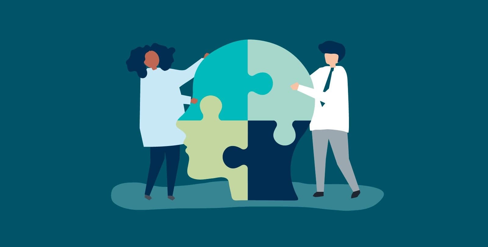 An illustration of two people assembling a large puzzle shaped like a human head, symbolizing putting together a complete application.