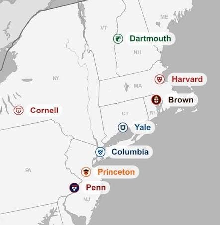 Illustrated map of the northeastern United States marking the locations of all eight Ivy League universities: Dartmouth, Harvard, Brown, Cornell, Yale, Columbia, Princeton, and Penn.