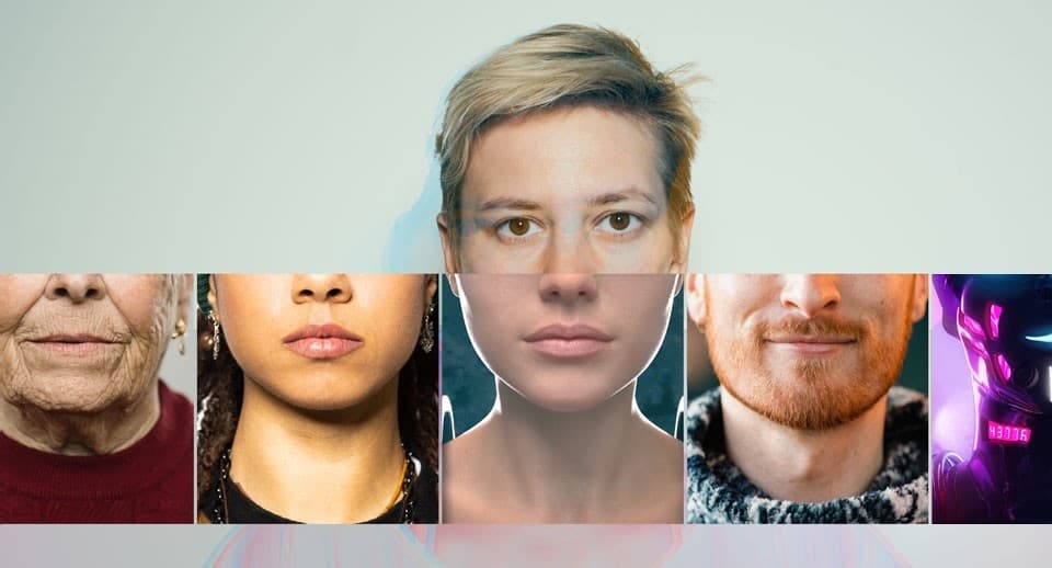 A composite portrait of five different faces of varying ages and backgrounds, illustrating a diverse community of interests and identities.