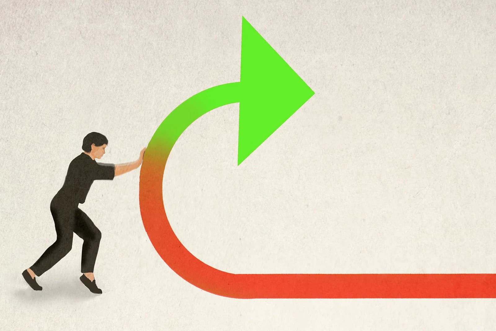 An illustrated person pushing a curved arrow that bends from red to green as it turns upward and forward.