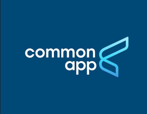 The Common App logo, a white wordmark and ribbon-like icon, on a dark blue background.